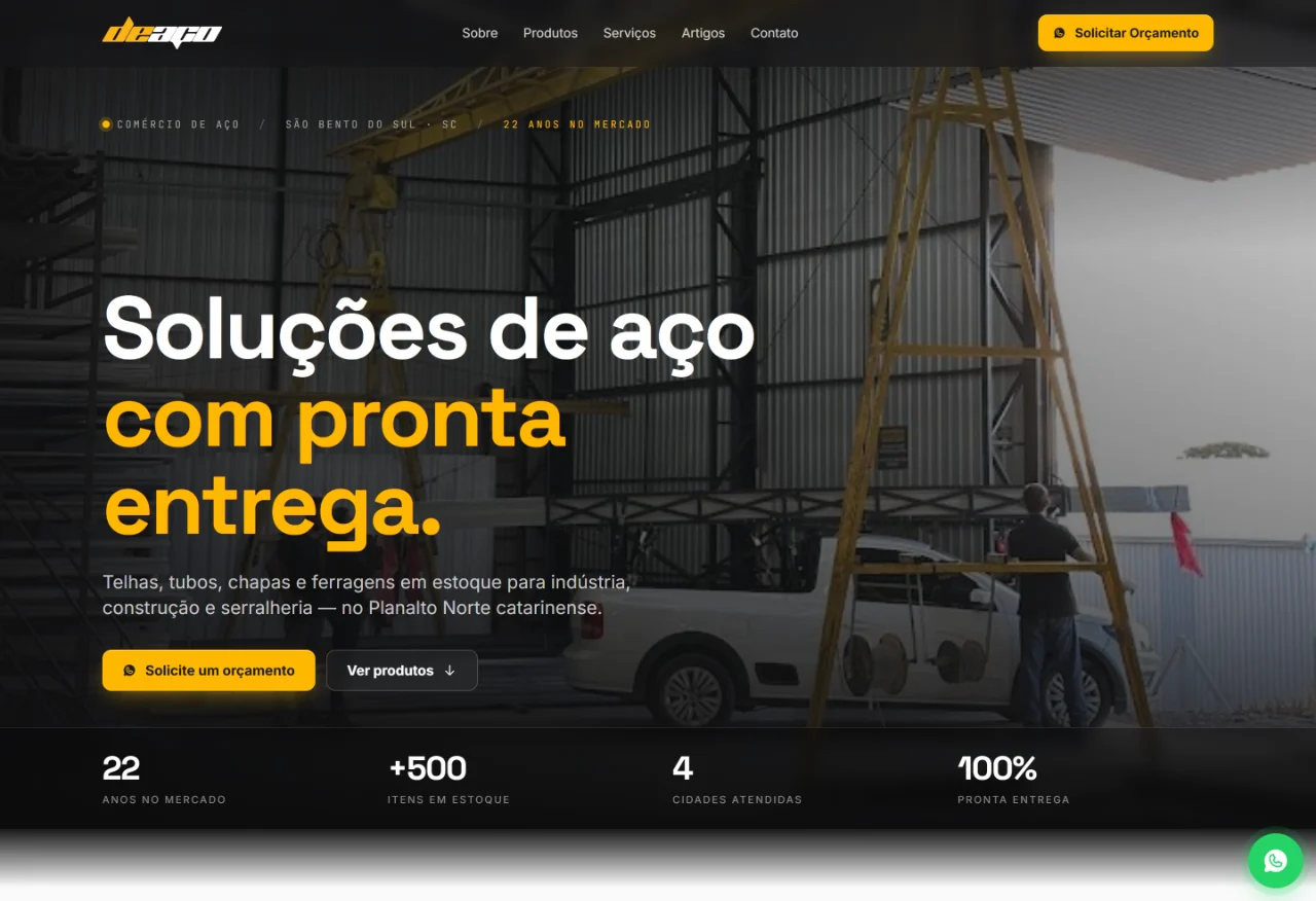 Página inicial do site da Deaço Comércio de Tubos e Aços