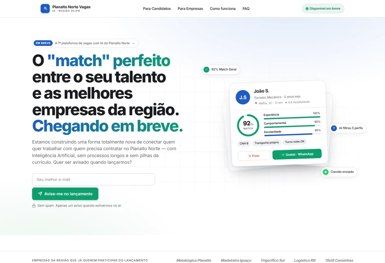 Página inicial da plataforma Planalto Norte Vagas